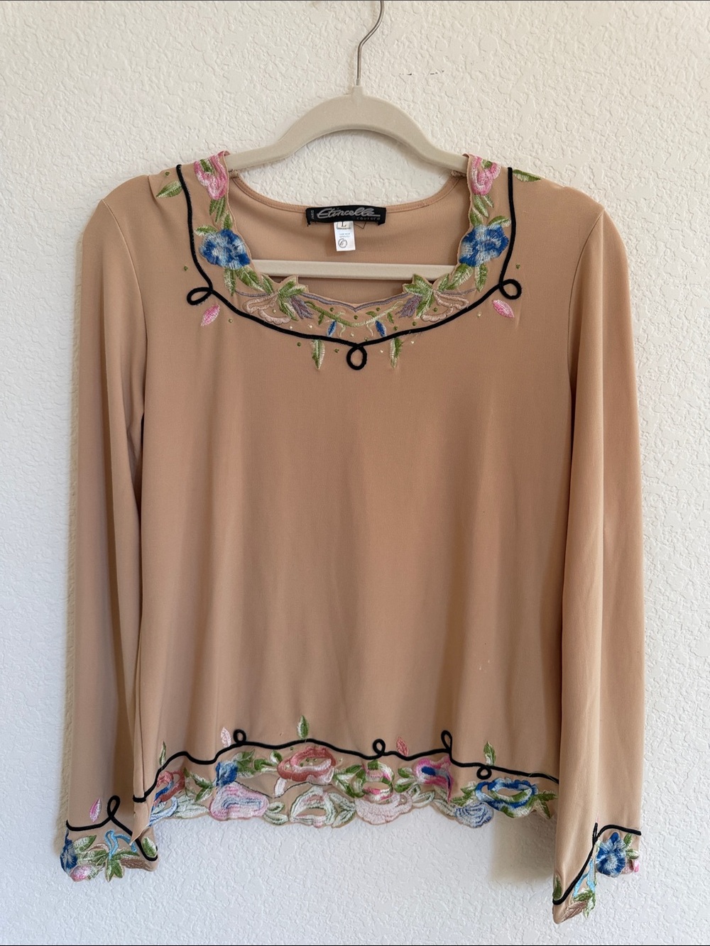 Beige Long Sleeve Top with Floral Embroidery